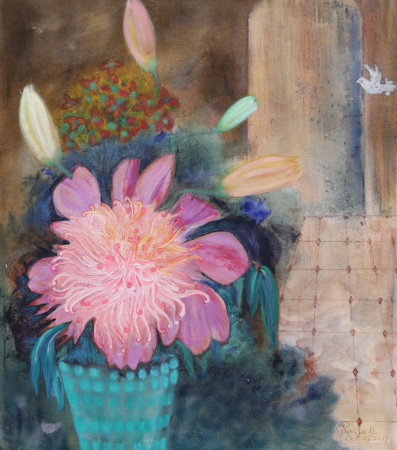 C. Russell, oil on canvas, Interior with flowering plants, signed and dated 2007, 70 x 60cm, unframed